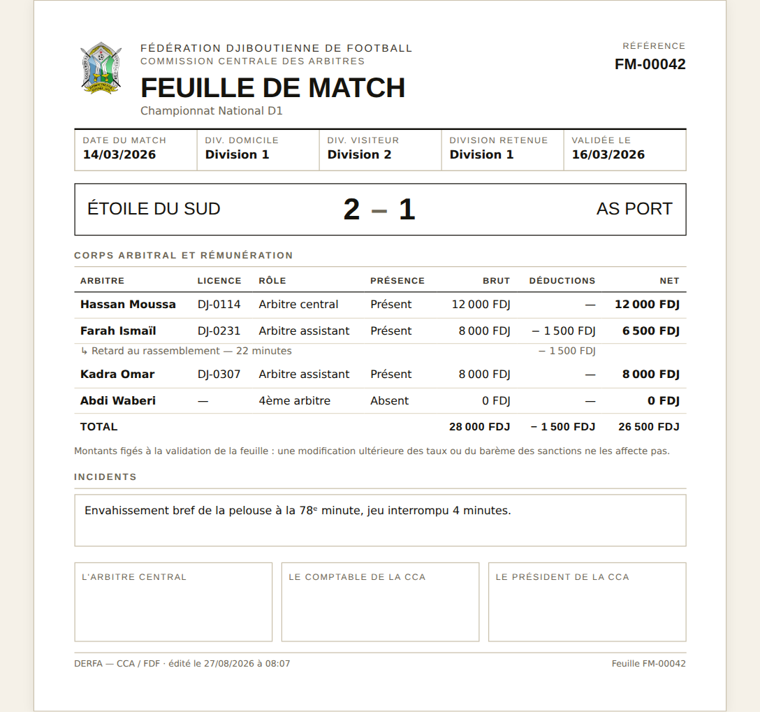 Feuille de match imprimable au format A4 : en-tête du match, une ligne par arbitre, sanctions en retrait, total.